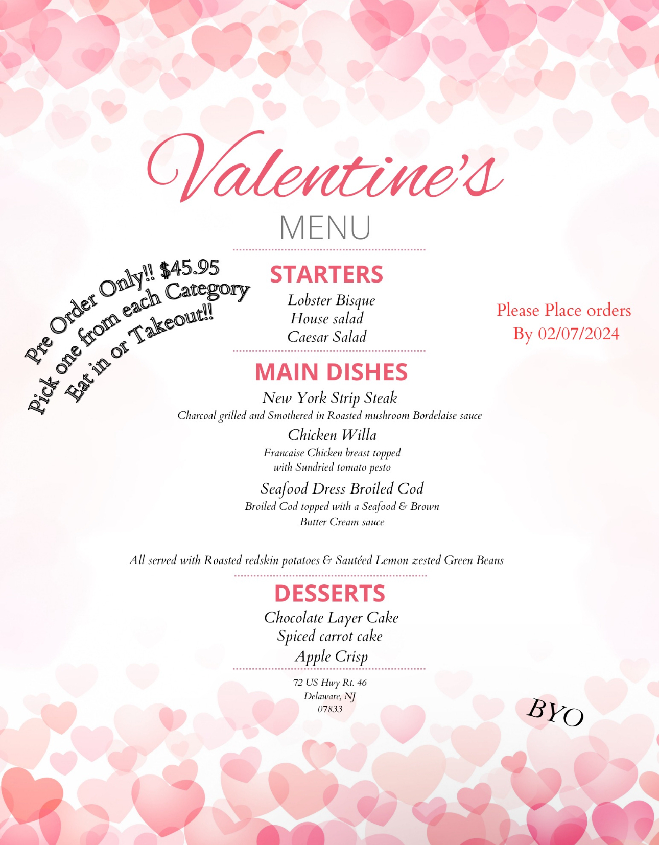 Humptys Valentines Day menu 2025